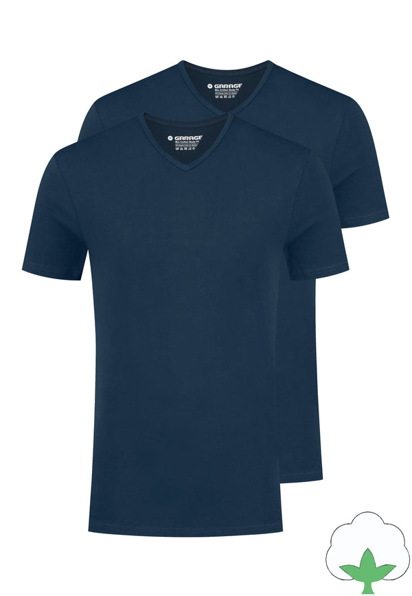 Bio katoen Bodyfit 2 pack T shirt V hals Navy Garage Basics