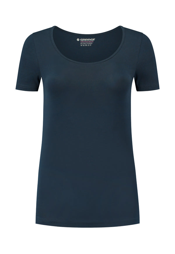 Dames BODYFIT T shirt O hals Zwart Garage voor vrouwen Basics